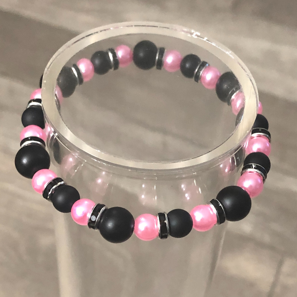 Handmade Black & Pink Beaded Stretch Bracelet with Black Spacers